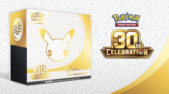 The image shows a Pokémon Trading Card Game 30th Celebration Elite Trainer Box featuring a Pikachu silhouette on the packaging, alongside the official 30th Celebration logo. The "Pokémon Center" branding indicates it's an exclusive version, which relates to the giveaway post announcing a free Elite Trainer Box (ETB) to one lucky participant who likes, comments, and retweets.
