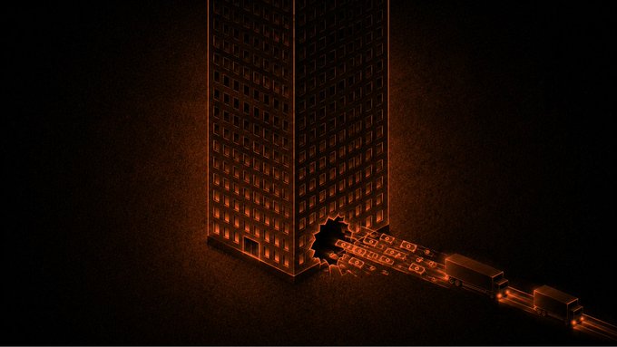 A stylized, dark 3D graphic of a tall office building with illuminated orange windows, featuring a large jagged hole broken through its lower side wall.
