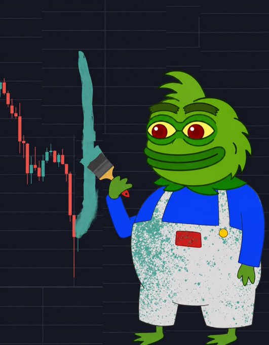 Pep the Frog character wearing paint-splattered overalls and holding a paintbrush, painting green over a red descending candlestick chart.