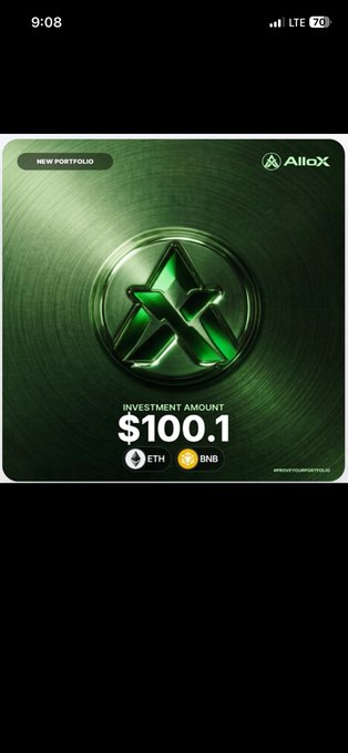 A mobile screenshot of the AlloX app displaying a new portfolio with an investment amount of $100.1 in ETH and BNB.