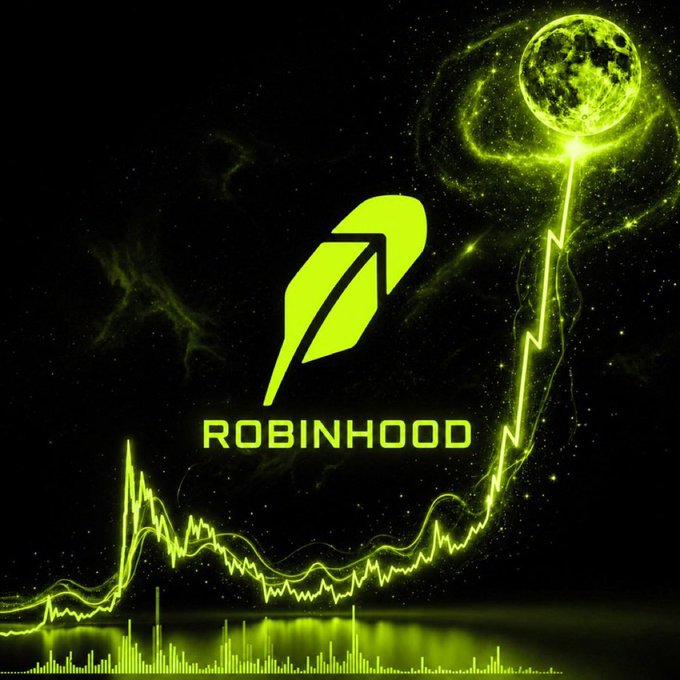 A graphic displays the Robinhood logo in neon green alongside a stylized moon and a stock chart line graph against a dark, space-like background.