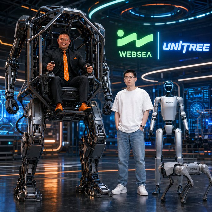 Two men stand beside Unitree humanoid and quadruped robots in a futuristic tech setting, with a large mechanical exoskeleton chair occupied by a man in a suit, all displayed under glowing "Websea" and "UNITREE" signage—visually reinforcing the partnership between Websea's crypto exchange and Unitree's advanced robotics technology.
