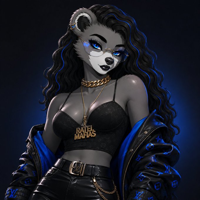 Digital artwork of an anthropomorphic female panda character with long black hair, blue eyes, glasses, gold chains, a black bra, and a jacket featuring 'RATEL MAFIAS' pendant.