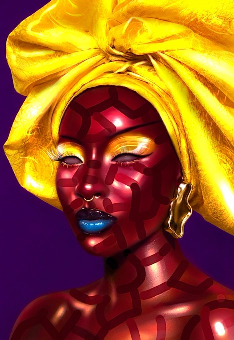 A vibrant digital portrait of a woman with metallic red geometric patterned skin, bright yellow eye makeup, blue lips, and a large golden headwrap, set against a deep purple background.