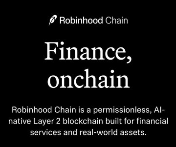A promotional graphic for Robinhood Chain featuring the tagline "Finance, onchain" and describing it as a permissionless, AI-native Layer 2 blockchain built for financial services and real-world assets—aligning with the post's announcement of its integration with Ethereum and Offchain.