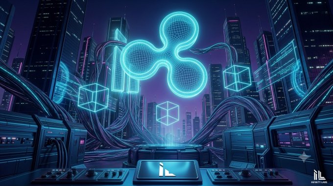 A neon-lit cyberpunk-style illustration featuring a glowing blue Ripple (XRP) logo hovering above a futuristic city skyline with digital cubes and cables.