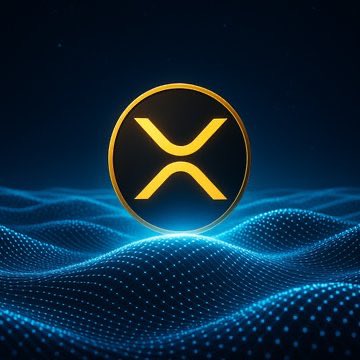 A digital graphic featuring a gold XRP (Ripple) cryptocurrency logo centered on a dark background with blue wave-like patterns below.