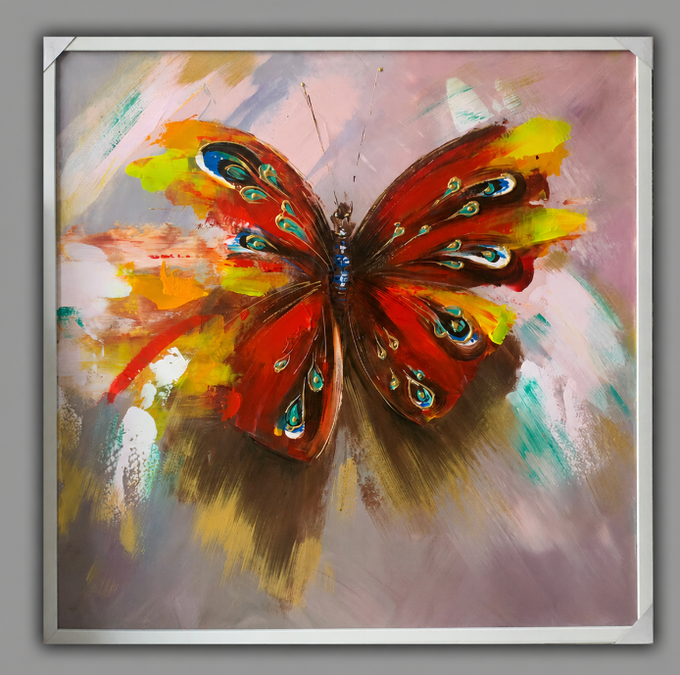 A vibrant, abstract painting of a butterfly with richly colored wings in red, orange, and yellow tones featuring teal eye-spots, displayed in a silver frame. The image's symbolism of transformation and awakening visually parallels the post's theme of emerging awareness around quantum computing risks in blockchain infrastructure.