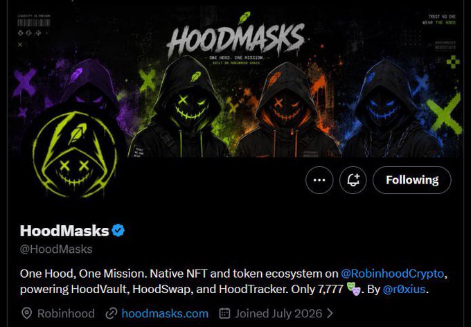 Twitter profile for 'HoodMasks' (@HoodMasks), a Native NFT and token ecosystem on @RobinhoodCrypto, powering HoodVault, HoodSwap, and HoodTracker.