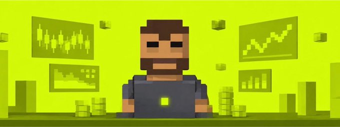 A pixel art illustration shows a bearded man in a dark shirt sitting at a desk surrounded by green-toned financial charts and coin stacks.
