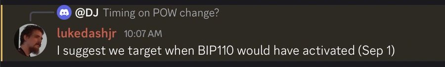 A Discord message from user "lukedashjr" replying to "@DJ" about PoW change timing, suggesting they target September 1st as the activation date (when BIP110 would have activated). The image visually confirms the prediction mentioned in the caption, showing the exact date Luke proposed for the hard fork.