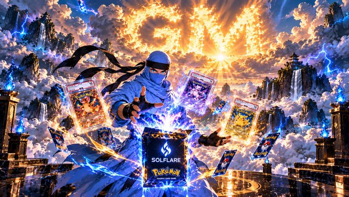 A ninja-clad character commands floating Pokémon cards amid a fiery, mythical landscape, with the "SOLFLARE" branding prominently displayed on a central pack. The dynamic imagery ties directly to the post's enthusiastic GM, highlighting the promise of "unexpected wins" awaiting buyers of Solflare's Pokémon-themed card packs.