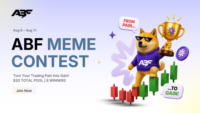 A promotional banner for the 'ABF MEME CONTEST' (Aug 6 – Aug 11) featuring a doge-like character with sunglasses, offering a $30 total pool for 8 winners.