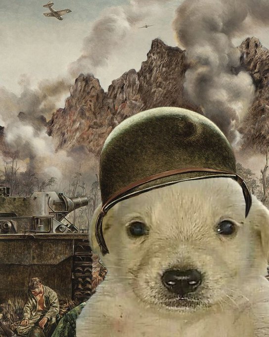 A digital collage features a yellow puppy wearing a military helmet superimposed over a vintage-style illustration of a battlefield with tanks, soldiers, and fighter planes.