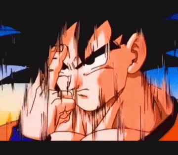 The image features a close-up of a character's face, likely from a Dragon Ball Z anime or similar show. The character has dark hair and is wearing an orange shirt. They are looking down at their hand with a serious expression on their face. The background of the image is blurred, making it difficult to determine what else might be present in the scene. There is also text that reads "Faster" above the character's head.