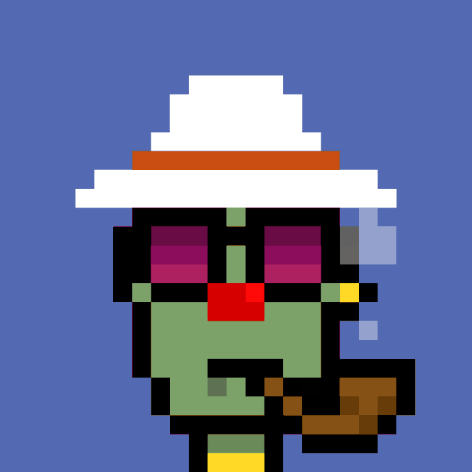 A pixel art character with a green face, purple eyes, and a white hat with an orange band, holding a brown pipe against a solid blue background.