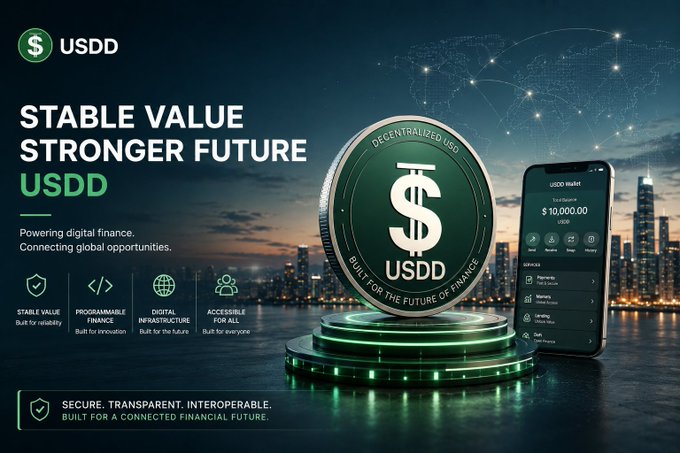 The image is a promotional graphic for **USDD**, featuring the tagline "STABLE VALUE, STRONGER FUTURE" alongside a large green USDD coin labeled "DECENTRALIZED USD" and "BUILT FOR THE FUTURE OF FINANCE," with a smartphone displaying a USDD wallet showing a balance of "$10,000.00." The visual reinforces the accompanying post's message by illustrating how USDD anchors digital finance with dollar-denominated stability, highlighting its four key pillars: stable value, programmable finance, digital infrastructure, and accessibility for all.