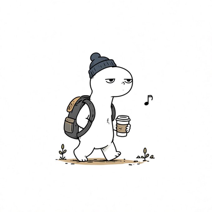 A cartoon illustration of a small white ghost-like character wearing a gray beanie and backpack, holding a coffee cup with musical notes floating nearby, walking along a dirt path.