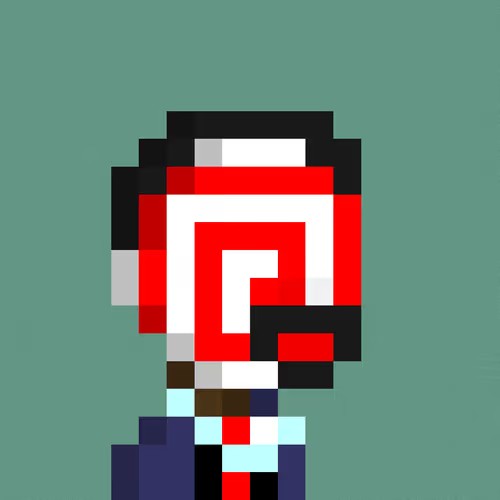 A pixel art rendering of a stylized character with a red and white geometric patterned head/helmet on a teal background, featuring blocky pixel construction.