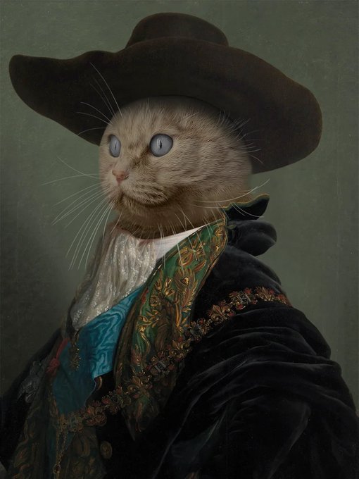 An AI-generated portrait in classical Renaissance style depicts a cat with blue eyes wearing a black wide-brimmed hat and ornate dark robes with a green and gold vest.