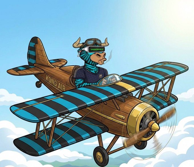 An illustrated character wearing a headset with 'UNSAINABLE' on the visor, flying a biplane labeled 'KONG AIR' over clouds.