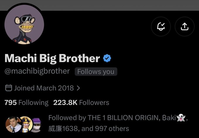 A Twitter/X profile page for 'Machi Big Brother' (@machibigbrother), showing 223.8K followers and a gold-grilled smile avatar.