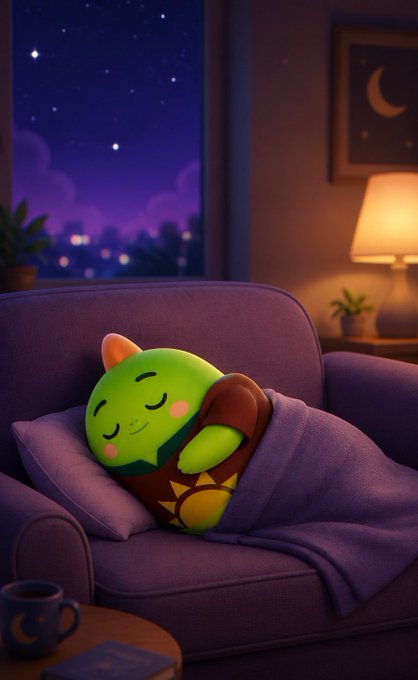 A digital illustration of a cute, round green character sleeping peacefully on a purple sofa, wrapped in a blanket, in a cozy room with a lamp and a window showing a starry night sky.