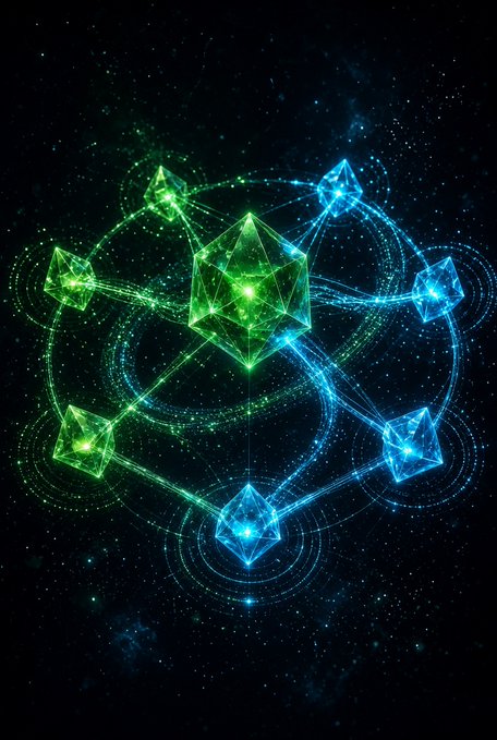 A digital artwork depicting a glowing geometric structure composed of interconnected green and blue crystalline polyhedra floating against a starry space background.