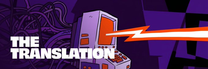 A retro-style illustration of an arcade machine firing a red laser beam, with the text 'THE TRANSLATION' on a purple background.
