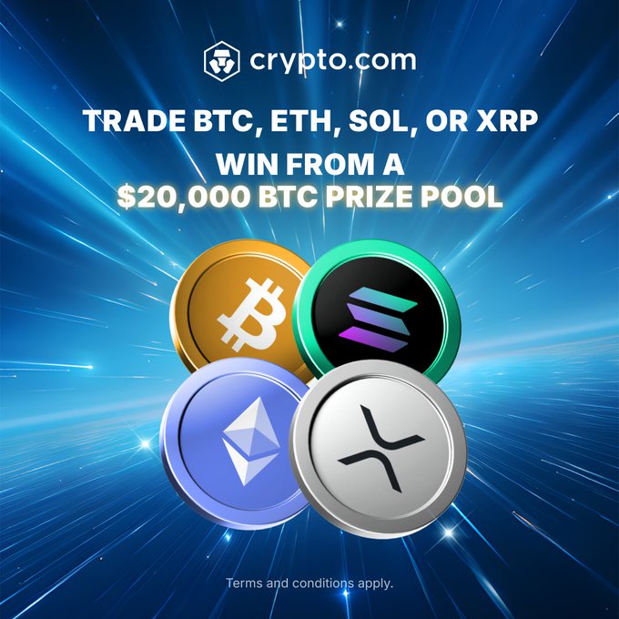 Promotional graphic for crypto.com’s “Blue Chip Blitz” campaign, showing BTC, SOL, ETH, and XRP coins against a blue radial background. The headline reads, “TRADE BTC, ETH, SOL, OR XRP WIN FROM A $20,000 BTC PRIZE POOL,” with “Terms and conditions apply” at the bottom.