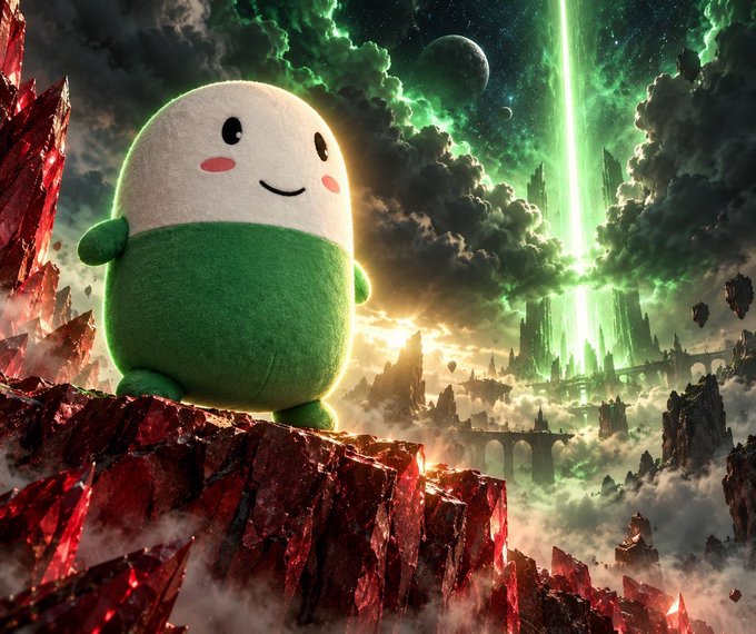 A small, round plush character named "Cupsey" stands triumphantly on a rocky crimson cliff, overlooking a fantastical alien landscape with a glowing green beam piercing the clouds and a distant futuristic city below. The image visually reinforces the post's thesis of Cupsey as a "sure thing" amid the speculative chaos of crypto, positioning the cute mascot as a calm, grounded winner surveying a vast, chaotic frontier.
