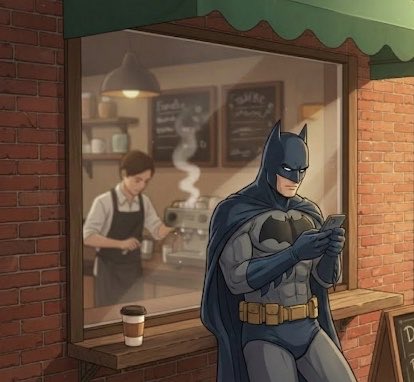 An illustrated scene of Batman sitting at a coffee shop window looking at his phone, while a barista works on an espresso machine in the background.