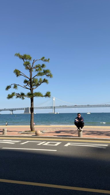Photograph of a person squatting on a stone bollard by a waterfront with a pine tree and a suspension bridge in the background under a clear blue sky.