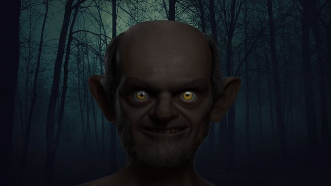 A 3D-rendered grotesque humanoid creature with yellow eyes, pointed ears, and a sinister grin set against a dark, foggy forest background.