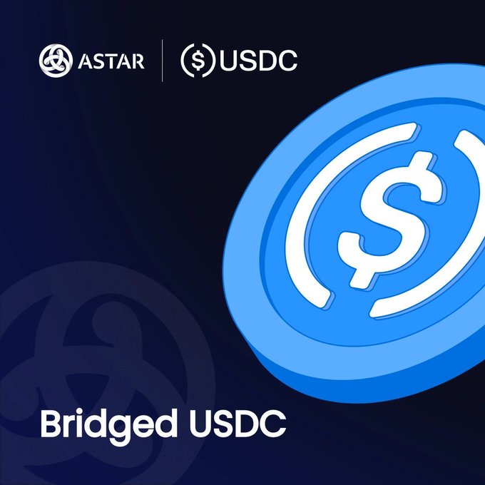 A promotional graphic featuring the Astar logo, USDC branding, and a large blue USDC coin on a dark blue background, with the text "Bridged USDC" displayed at the bottom. The image visually announces the integration of bridged USDC onto the Astar Network via Chainlink CCIP, as described in the accompanying post.