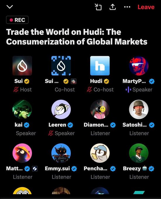 A Twitter Spaces interface for a recorded session titled 'Trade the World on Hudi: The Consumerization of Global Markets' featuring hosts Sui and Hudi, co-host Sui, speaker Martyp, speakers kai, Leeren, and Emmy.sui, and various listeners.