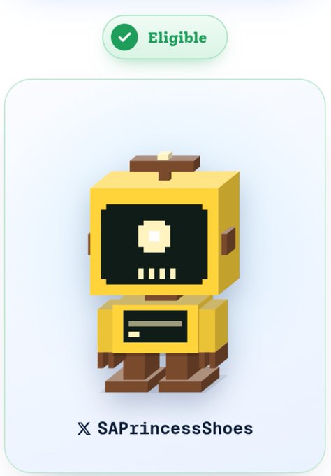 A 3D-rendered yellow robot character in a blocky pixel-art style, displayed in a user interface card with a green 'Eligible' checkmark badge. The text reads 'X SAPrincessShoes'.
