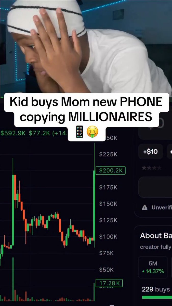 A meme-style image showing a boy holding his head in frustration, with text 'Kid buys Mom new PHONE copying MILLIONAIRES', overlaid on a crypto chart showing a massive green price spike with values like $200.2K and $225K.