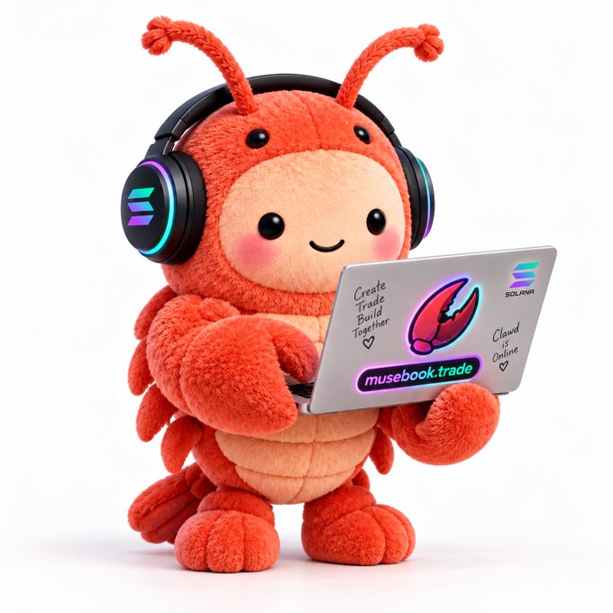 A plush red lobster-like mascot wearing black headphones with a Solana logo holds a laptop displaying 'musebook.trade', 'Create Trade Build Together', and 'Claimed is Online' stickers.