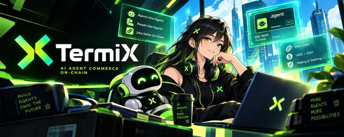 The image is a vibrant anime-style promotional banner for **TermiX**, featuring a green-haired female character alongside a small white and green robot, both surrounded by holographic UI panels and the tagline **"BUILD AGENTS, OWN THE FUTURE"** and **"MORE AGENTS MORE POSSIBILITIES."** Key visible text includes **"TermiX — AI Agent Commerce On-Chain,"** along with feature labels like **"Agents Hire Agents,"** "People Hire Agents," "Jobs Settle On-Chain," and platform integrations referencing **EERC-8004, x402, USDC/USDT, Multi-Chain, Staking & Yield.** It visually represents the post's concept of TermiX as an autonomous commerce protocol where AI agents hire each other and transact on-chain.