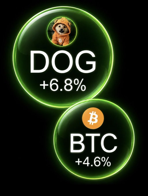A cryptocurrency price tracker showing DOG (Dogecoin) up +6.8% and BTC (Bitcoin) up +4.6%, both displayed as glowing green orbs against a black background.