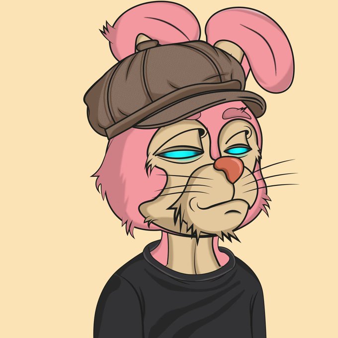 A cartoon pink rabbit wearing a brown newsboy cap and a black t-shirt with blue eyes and a smirking expression, thanking the BTFDRabbits NFT collection artist for the artwork. The illustration directly represents the cheerful pink rabbit character from the BTFDRabbits NFT project mentioned in the post.