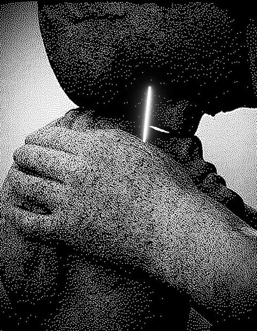 A high-contrast black and white stippled/pointillist artwork showing a hand holding a small glowing object, with the figure rendered in dense dot patterns.