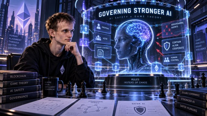 A man in a black hoodie sits at a desk with chess pieces and books on blockchain and game theory, in front of a futuristic display reading 'GOVERNING STRONGER AI'.
