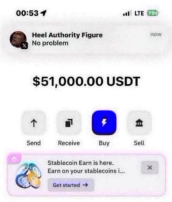 A smartphone screenshot showing a crypto wallet balance of $51,000.00 USDT with Send, Receive, Buy, and Sell buttons, and a notification from 'Heel Authority Figure' saying 'No problem'.