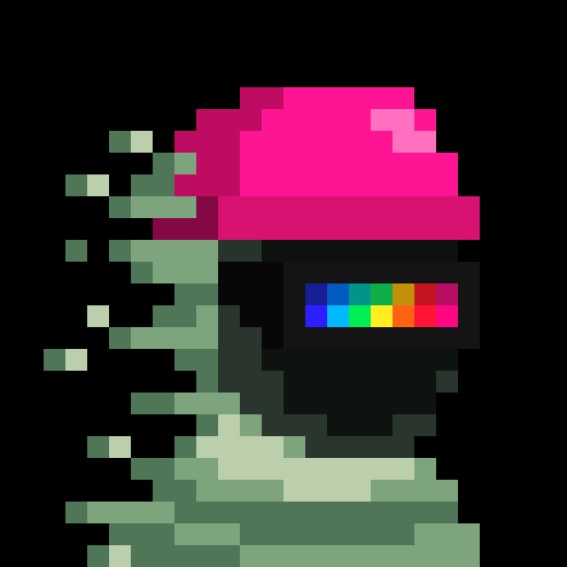 A pixel art illustration of a character wearing a bright pink hat and a black VR-style visor with a rainbow stripe, with green pixelated effects trailing behind on a black background.