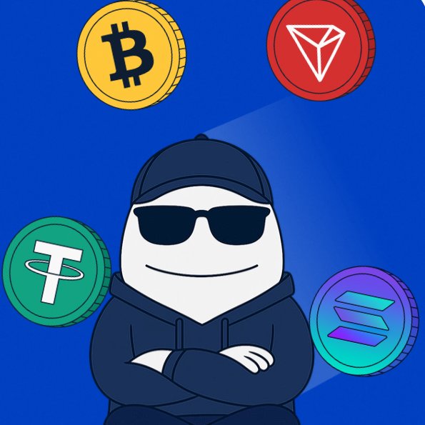 Cartoon illustration of a smiling character wearing sunglasses, a dark cap, and a hoodie with arms crossed, surrounded by four cryptocurrency coins: Bitcoin (BTC), Tron (TRX), Tether (USDT), and Solana (SOL).