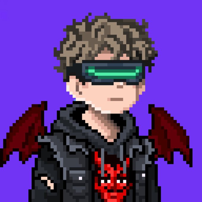 Pixel art portrait of a character with curly brown hair wearing futuristic green visor glasses and a dark jacket with red bat-like wings and a red dragon design on the chest, set against a purple background.