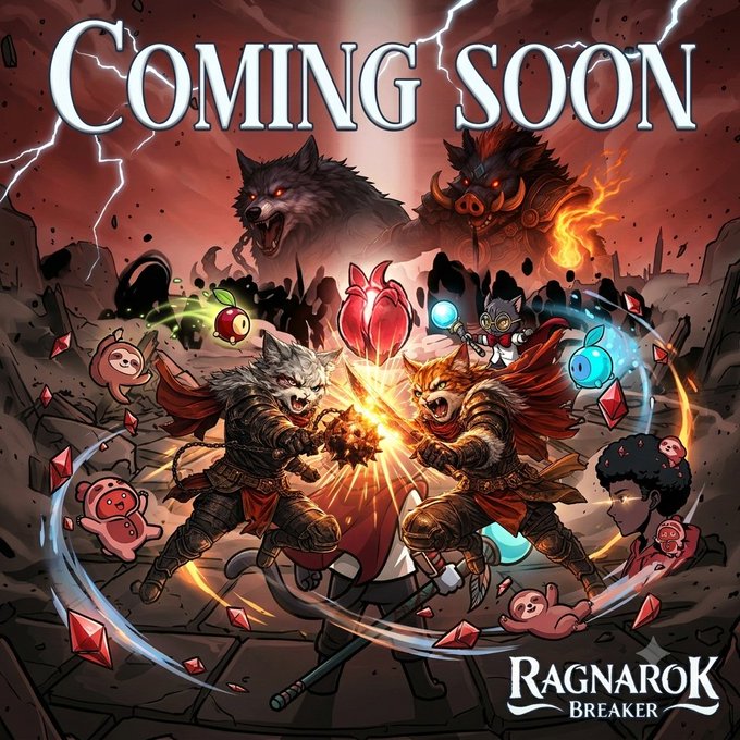 The image features a poster for the video game "Ragnarok Breaker" by Nine Chronicles. The poster showcases two characters from the game fighting each other with swords, surrounded by various elements such as a dragon, a tree, and a castle. The background of the poster is dark red, creating an intense atmosphere that matches the action-packed nature of the game. The text on the poster reads "coming soon" and "Ragnarok Breaker", indicating that the game will be released soon or has already been released.