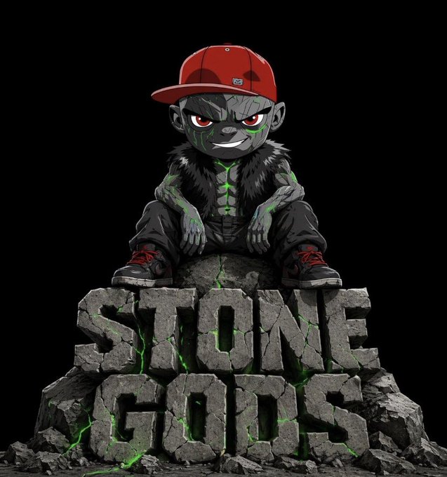 A cartoon illustration features a chibi-style stone-skinned character wearing a red cap and fur-collared jacket, sitting on a rock above the text "STONE GODS" in cracked stone letters with green glowing cracks.